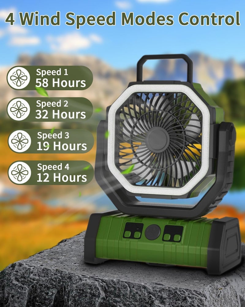 Adust Camping Battery Powered Fan with LED Light 20000mAh Rechargeable Portable, Oscillating Cordless USB Desk Fan with Rotation Hanging Hook for Tent, Canopy, Beach, Outdoor Travel(Green) - Image 3